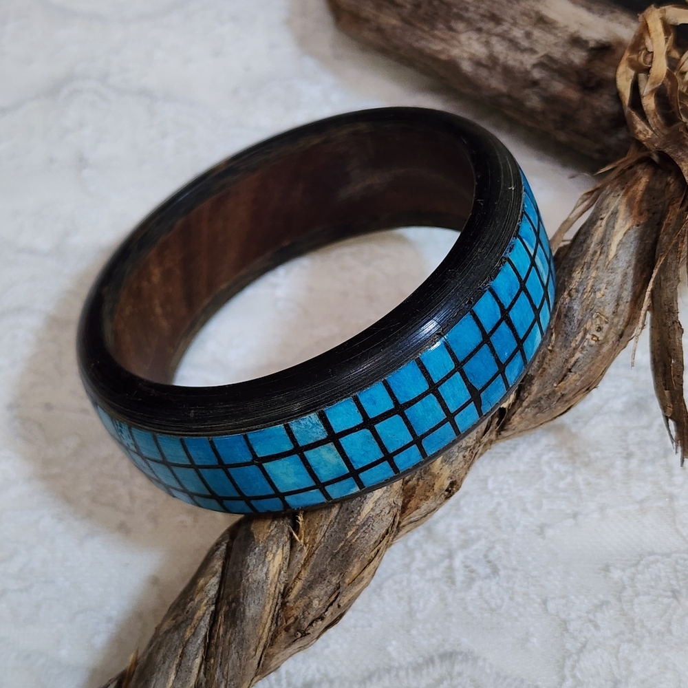 Blue And Brown Chunky Wooden Bangle Bracelet